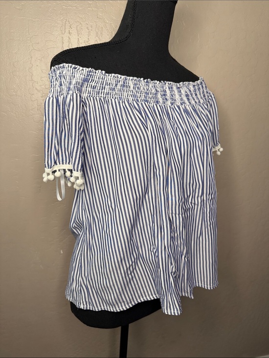 Tops - Off-Shoulder Blue & White Striped Women's Top